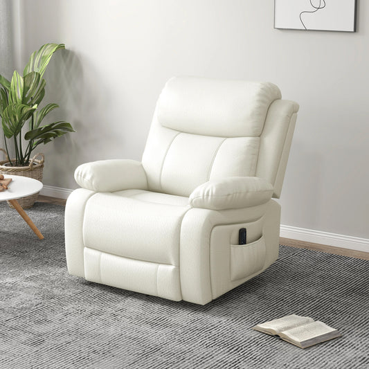 PU Leather Massage Recliner Chair with Swivel Base, Cream White