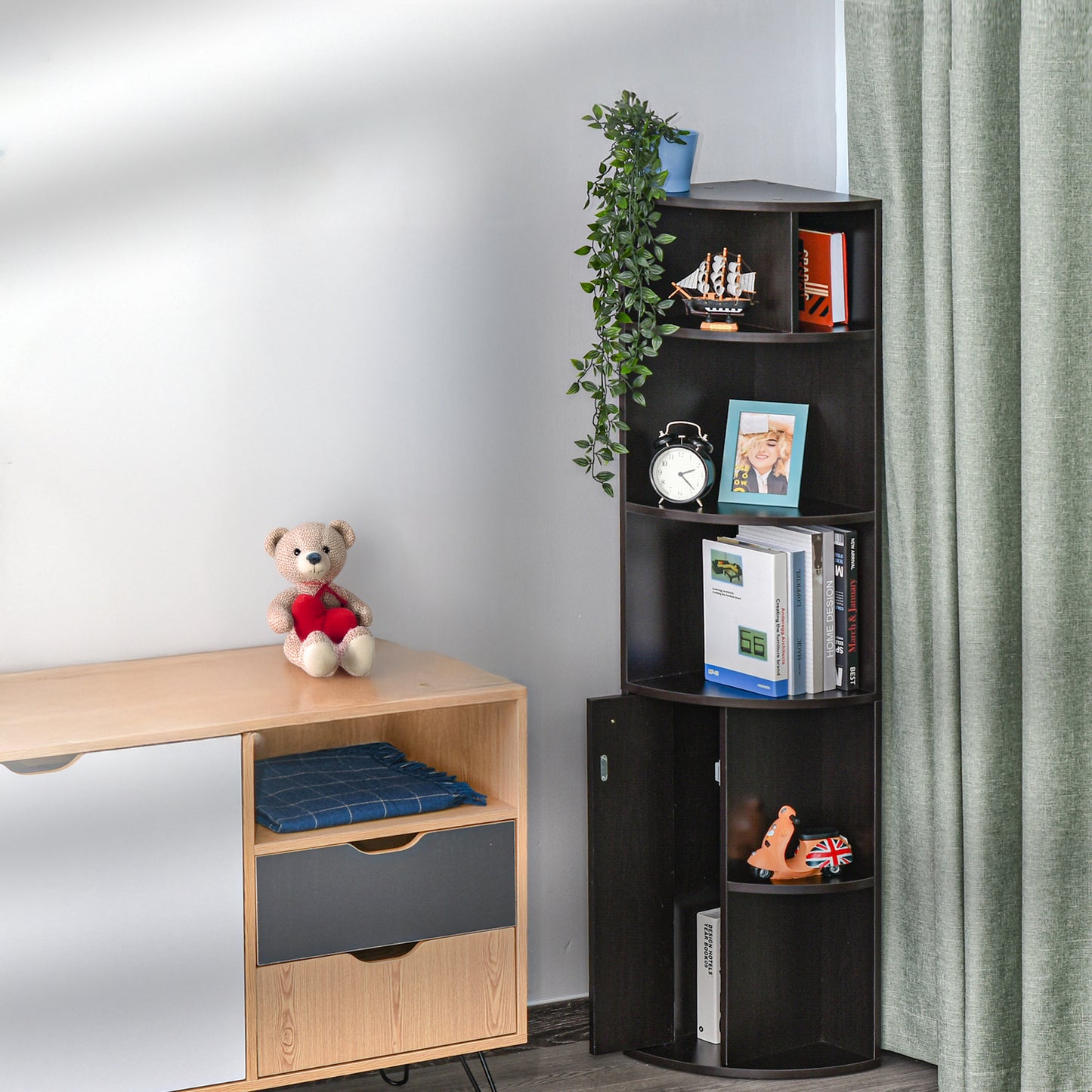 5-Tier Corner Bookcase with Cabinet, Black