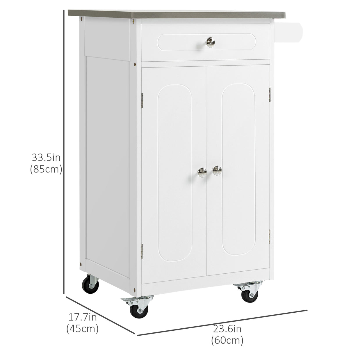 Rolling Kitchen Trolley with Stainless Steel Top and Drawer, White