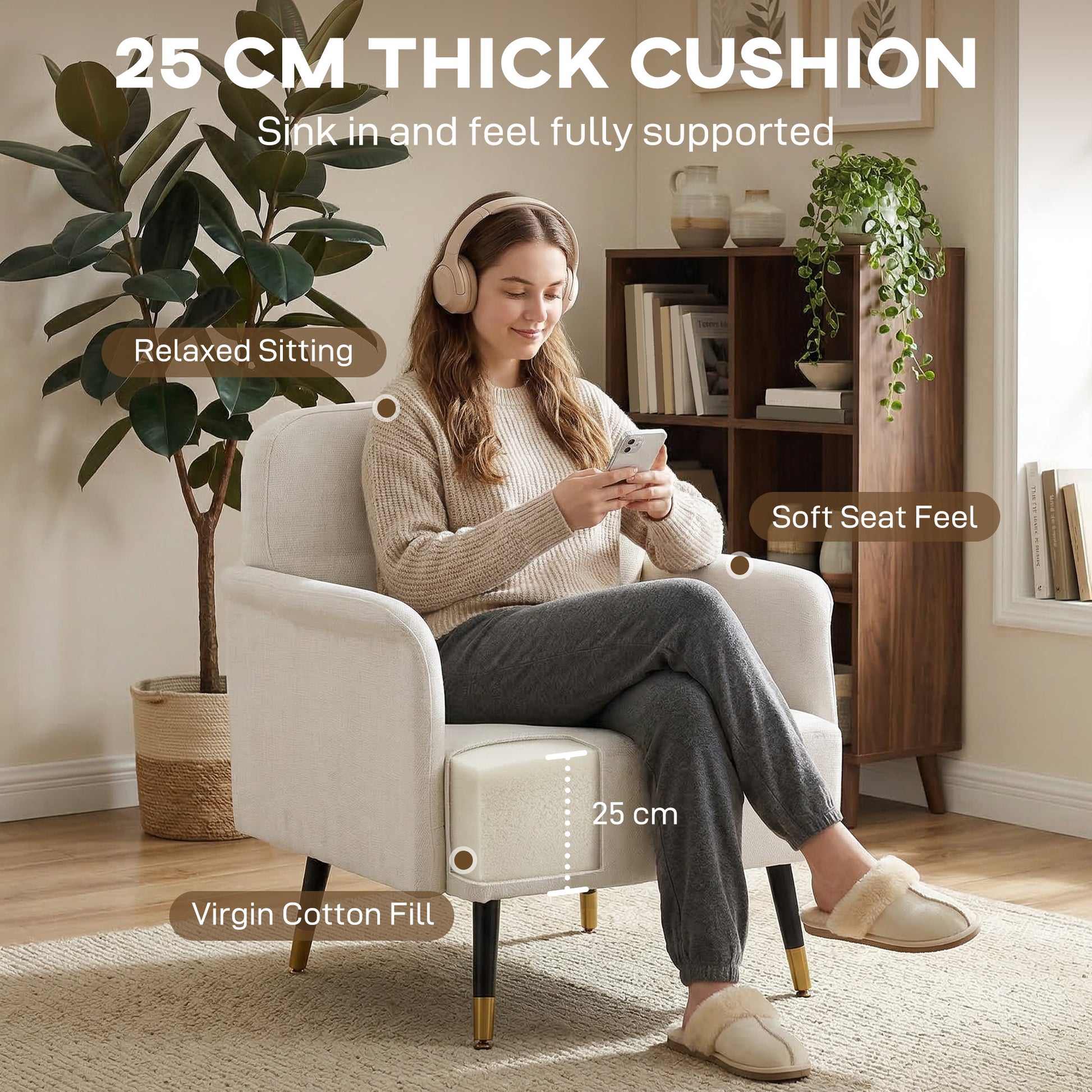 Modern Accent Chair with Curved Back, Cream White