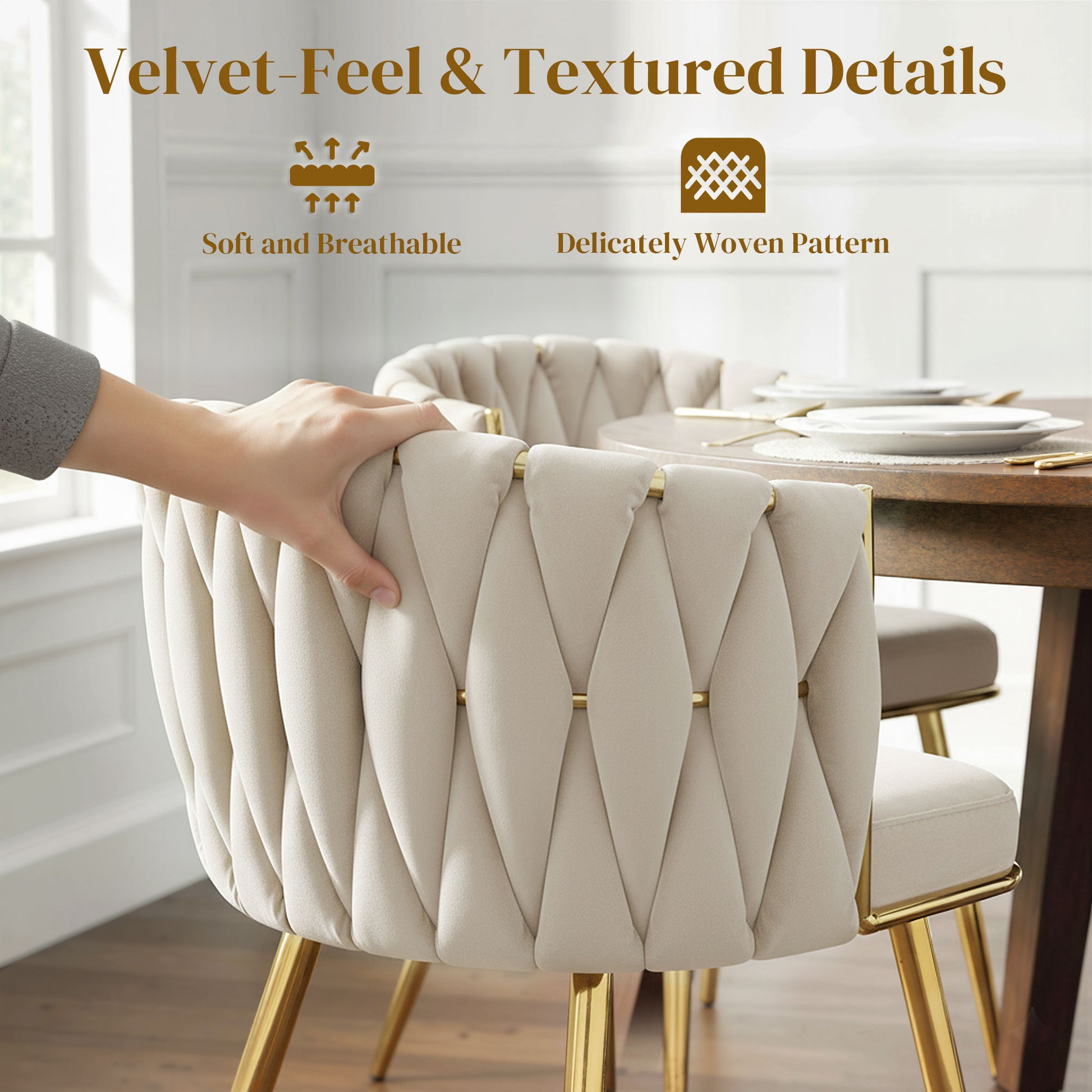Upholstered Dining Chairs with Woven Backrest, Cream White (Set of 2)