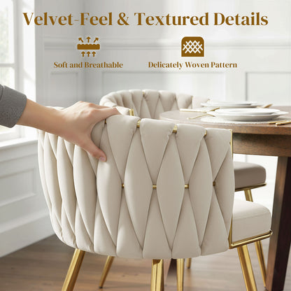 Upholstered Dining Chairs with Woven Backrest, Cream White (Set of 2)