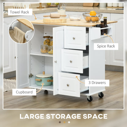 Rolling Kitchen Island Cart with Drop Leaf and Drawer, White