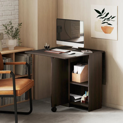 Folding Dining Table with Drawer and Storage Shelves - Dark Brown