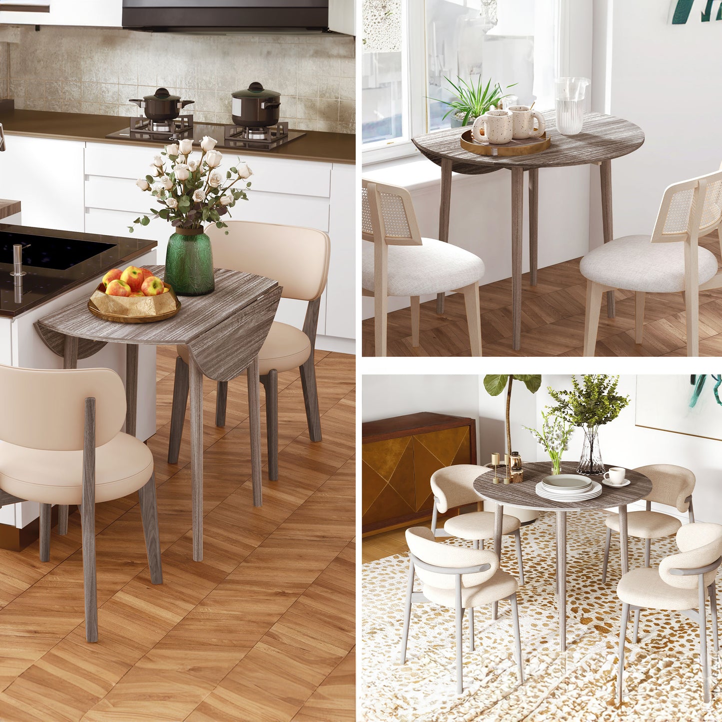 Grey Round Folding Kitchen Table with Drop Leaf