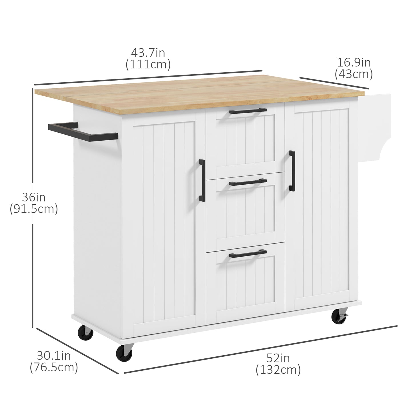 Rolling Kitchen Cart with Drop Leaf, 3 Drawers and Solid Wood Top, White