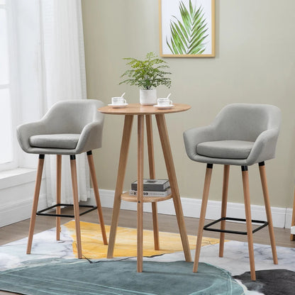 Bar Stools with Linen Fabric and Beech Wood Legs, Beige (Set of 2)