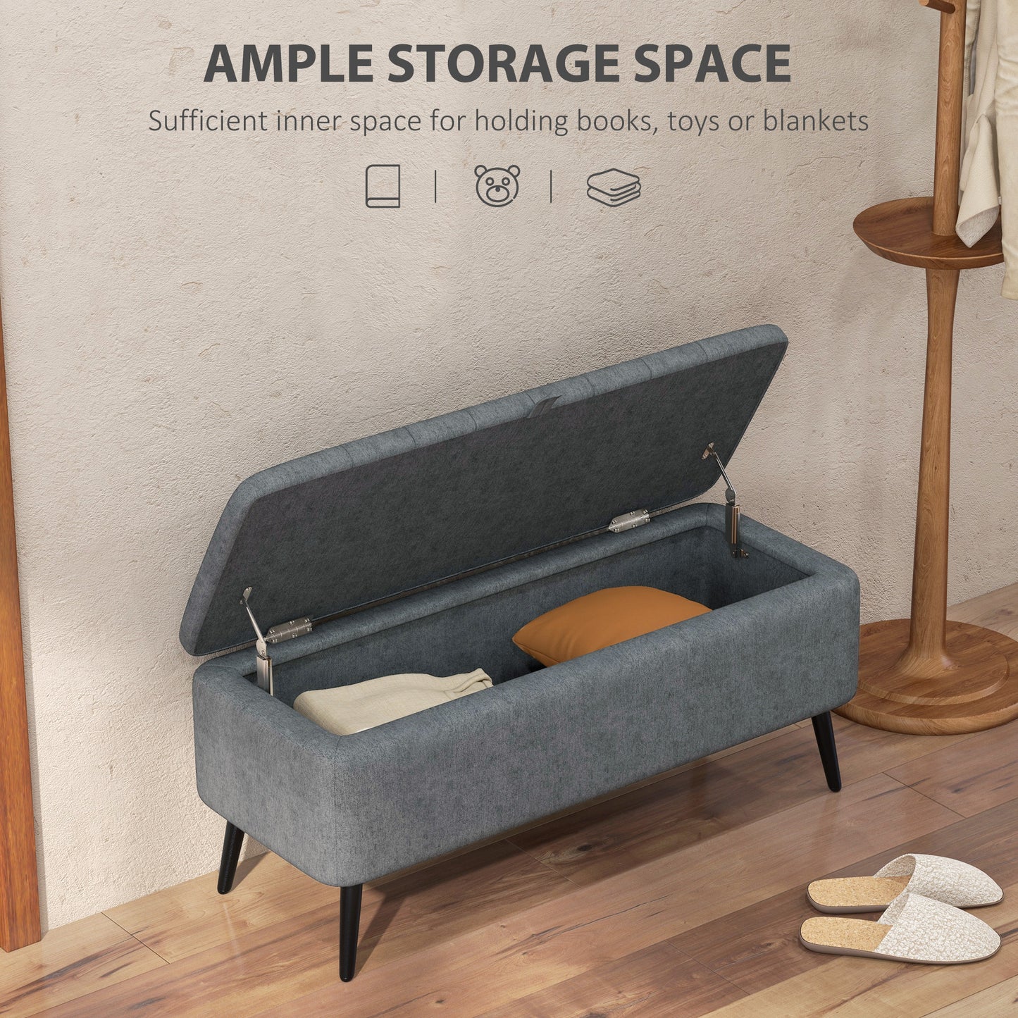 40" Linen Storage Ottoman Bench with Steel Legs, Dark Gray