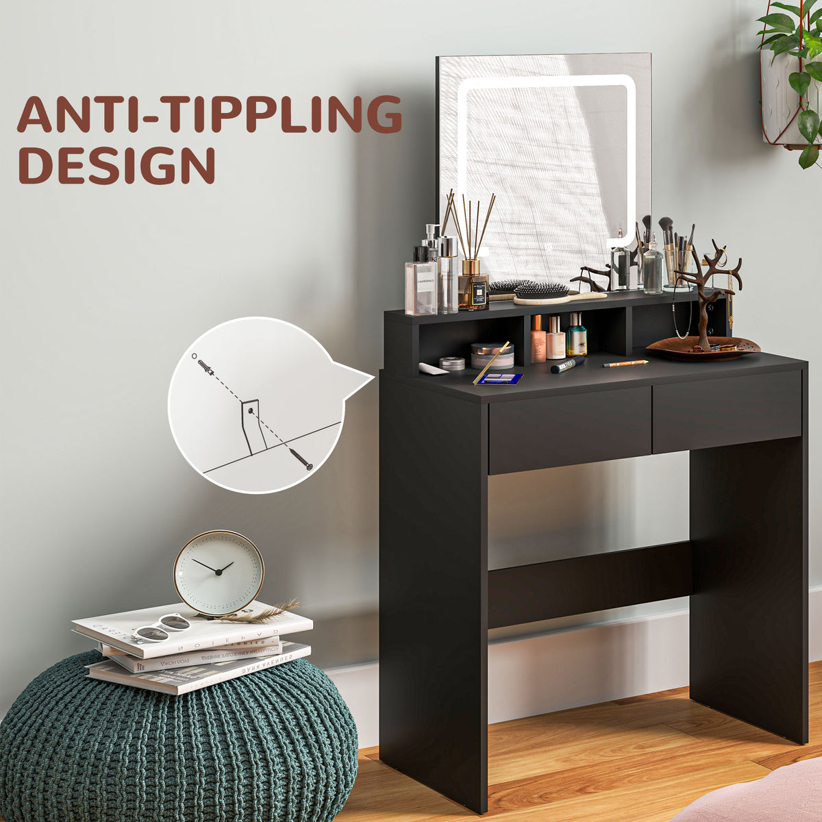 Makeup Vanity Desk with LED Mirror and Storage, Black