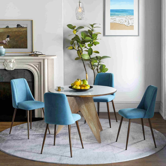 Velvet Dining Chairs with Wood Grain Steel Legs, Blue (Set of 4)