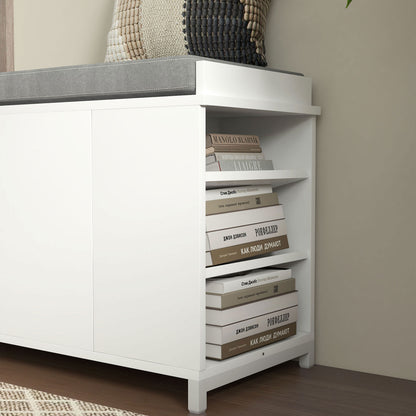 Upholstered Shoe Storage Bench with Flip Drawer and Side Rack for 6 Pairs, White
