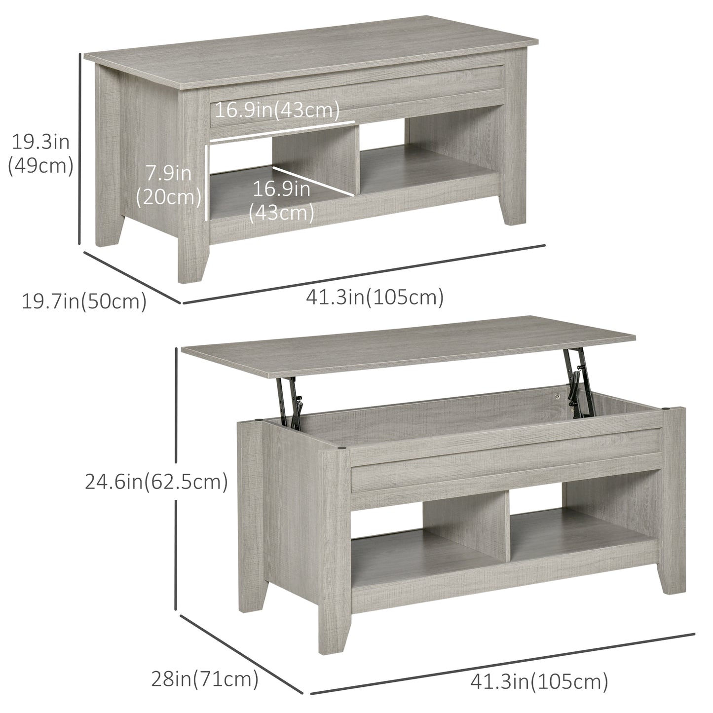 Lift Top Coffee Table with Hidden Storage, Light Gray