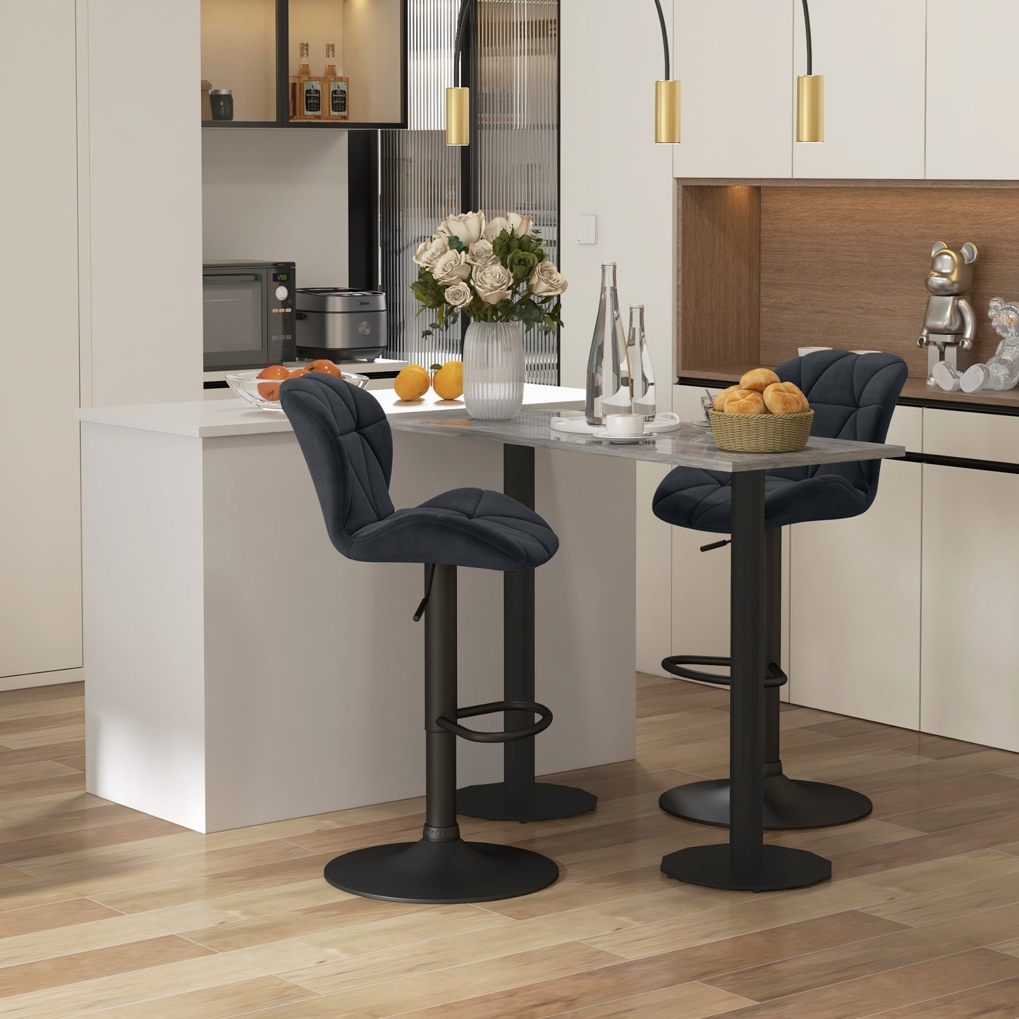 Velvet-Touch Adjustable Height Bar Stools with Diamond Tufting, Black (Set of 2)
