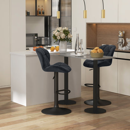 Velvet-Touch Adjustable Height Bar Stools with Diamond Tufting, Black (Set of 2)