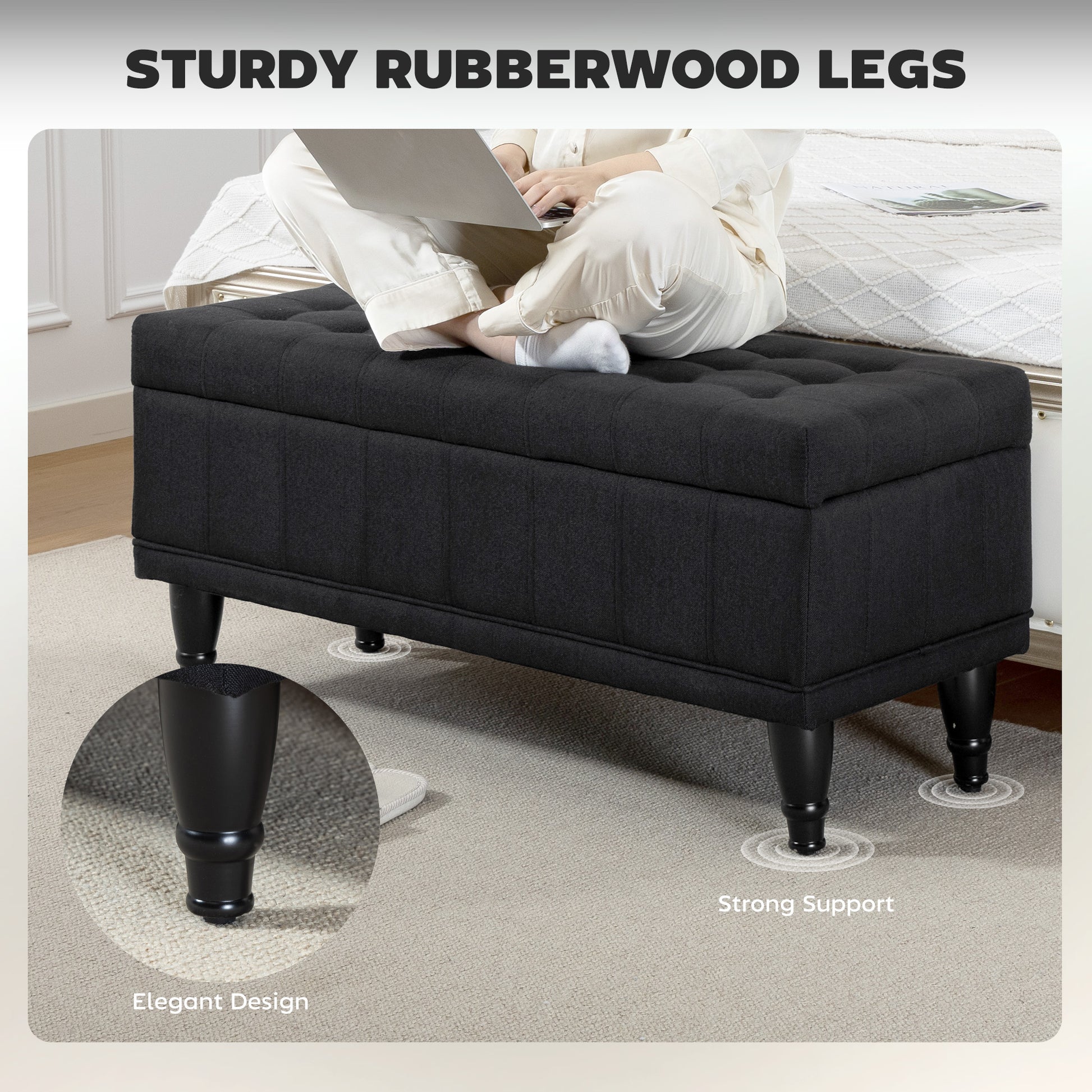 Upholstered End-of-Bed Bench with Wood Legs, Black
