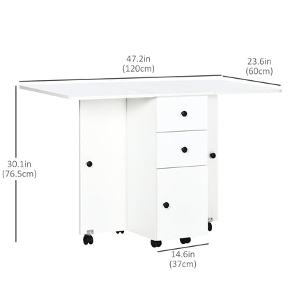Rolling Dining Table with Storage Drawers and Cabinet - White