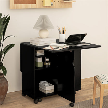 Extendable Drop Leaf Dining Table with Storage - Black Wood Grain