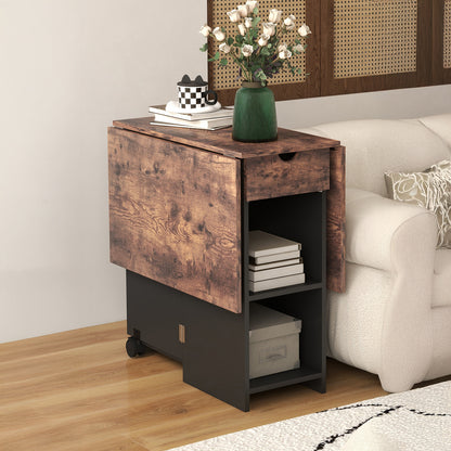 Folding Dining Table with Drawer and Storage Shelves - Rustic Brown