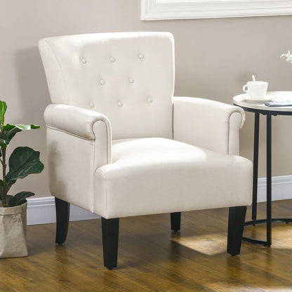 Fabric Accent Chair with Wood Legs and Rolled Arms, Cream White