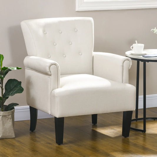 Fabric Accent Chair with Wood Legs and Rolled Arms, Cream White