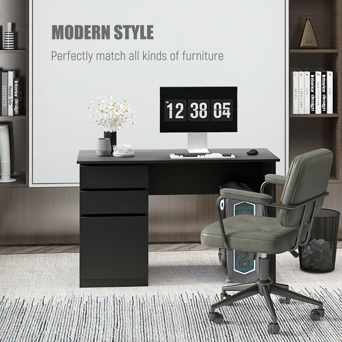 Computer Desk with Drawers and Storage Cabinet, Black