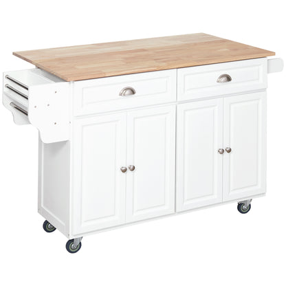 Rolling Kitchen Island Cart with Drop Leaf and Rubber Wood Top and Adjustable Shelves, White