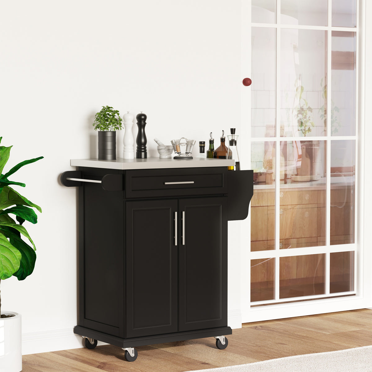 Rolling Kitchen Island Cart with Stainless Steel Top and Spice Rack and Towel Rack, Black