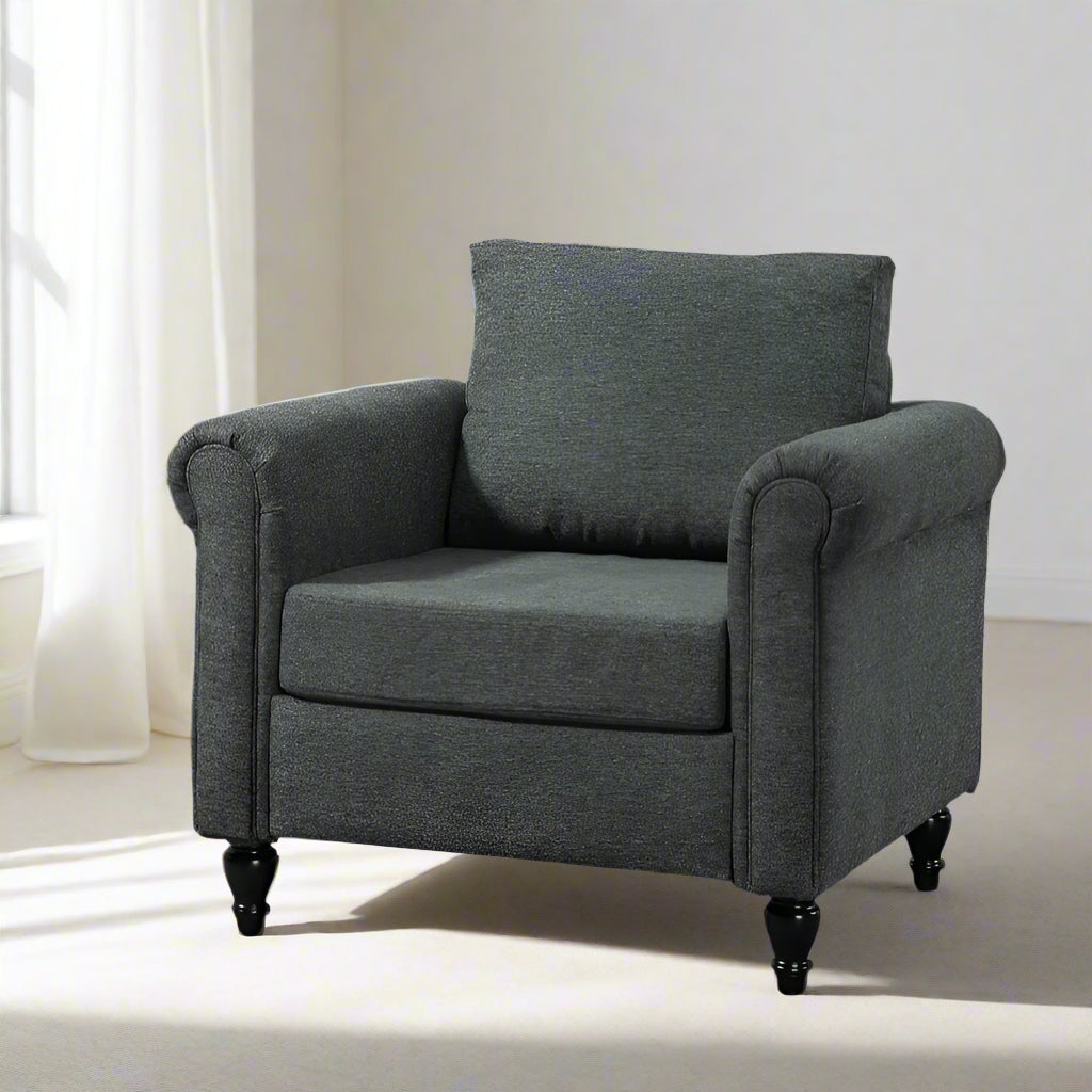 Vintage Armchair, Upholstered Accent Chair with Rolled Arms, Dark Gray