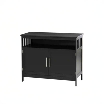 39" Wooden Console Table with Cabinet and Open Shelf, Black