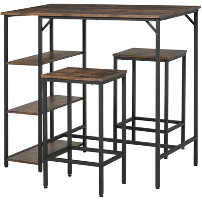 Industrial Bar Table Set with 2 Stools and Storage Shelf