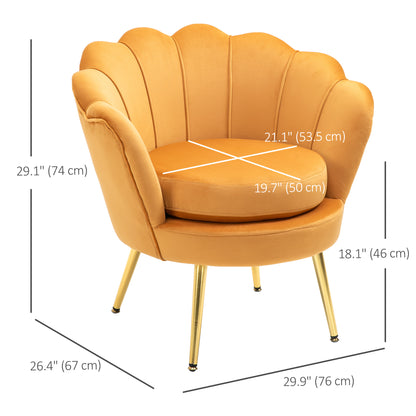Modern Velvet Accent Chair with Lotus Backrest and Gold Legs, Yellow