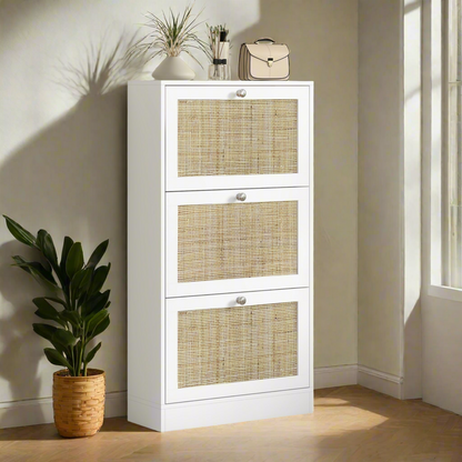 Rattan Front Shoe Cabinet with 3 Flip Drawers for 18 Pairs, White