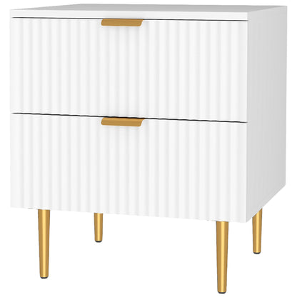 Modern Nightstand with Gold Finger Pulls and Fluted Drawers, White