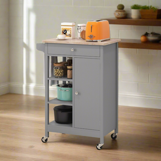Modern Rolling Kitchen Island Cart with Natural Wood Top, Grey