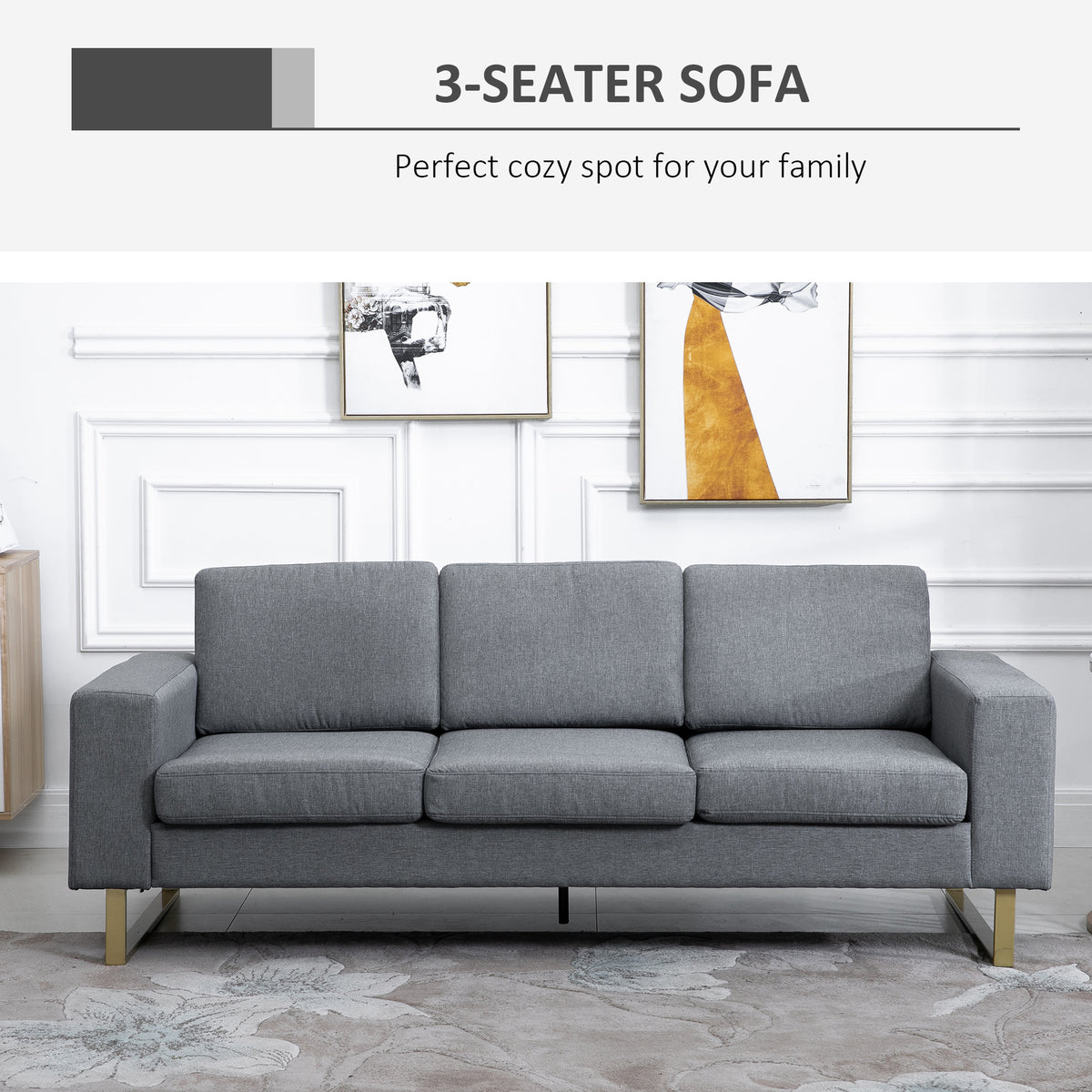 Modern Three-Seat Linen Sofa with Steel Legs, Grey