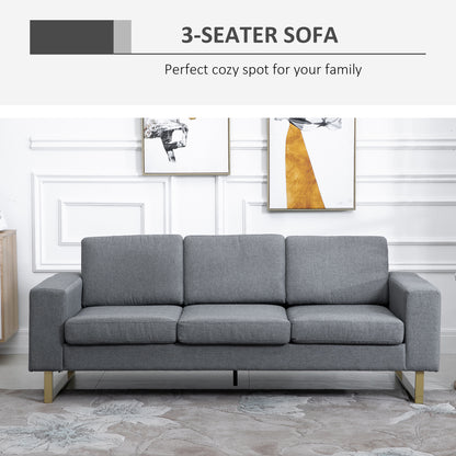 Modern Three-Seat Linen Sofa with Steel Legs, Grey