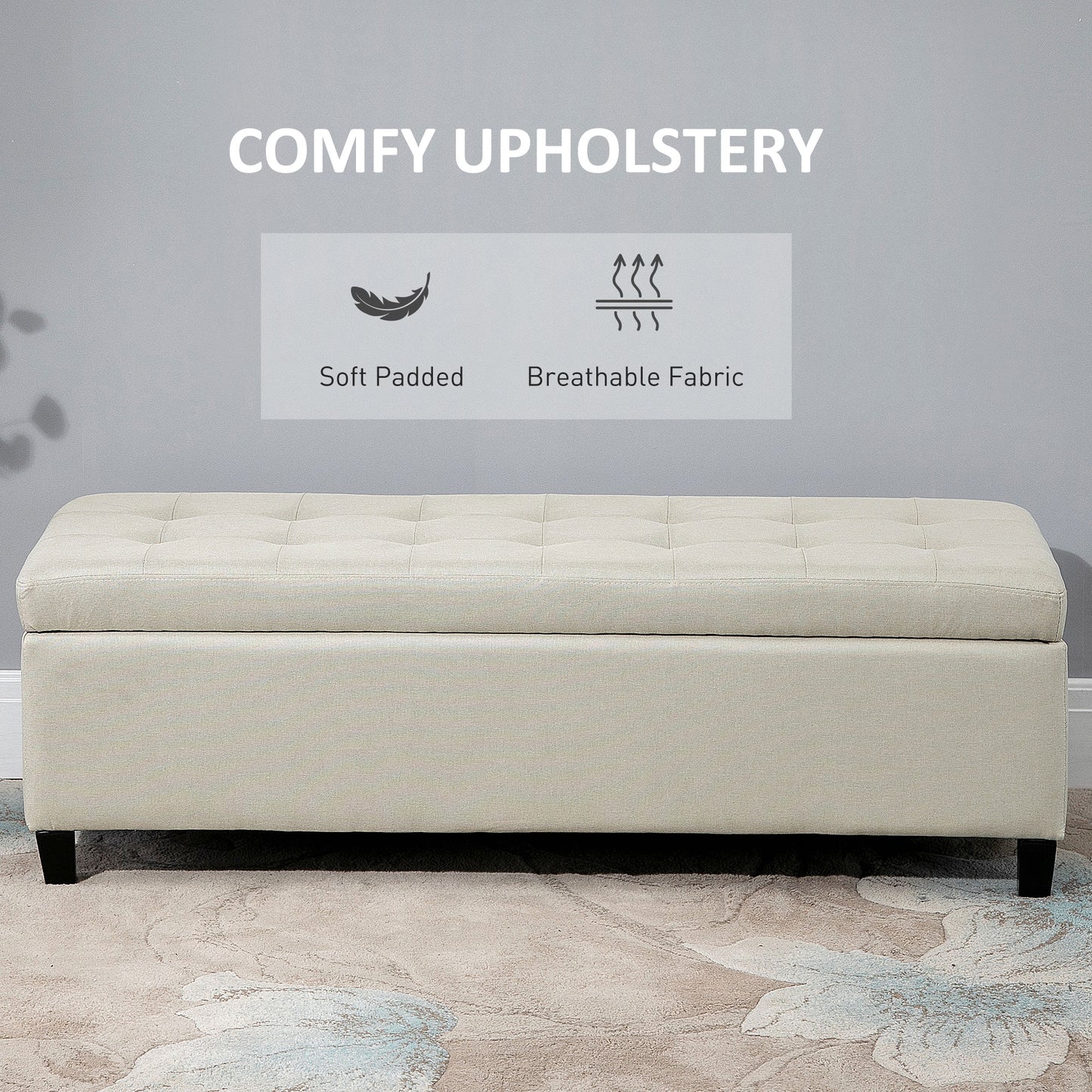 Rectangular Tufted Storage Bench with Wood Feet, Beige