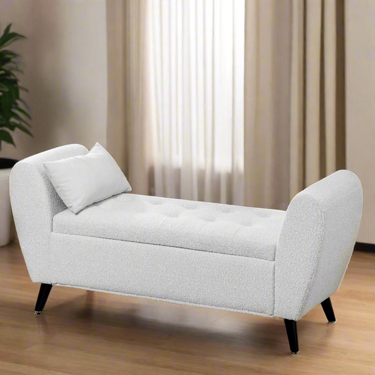 Upholstered Storage Bench with Arms, Light Gray