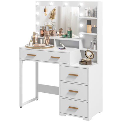 LED Vanity Table with Mirror, Drawer, and Storage Shelves, White