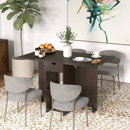 Folding Dining Table with Drawer and Storage Shelves - Dark Brown