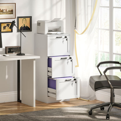 Vertical Filing Cabinet with 3 Drawers, Lock, File Cabinet for Home Office, A4 and Letter Size Files, White