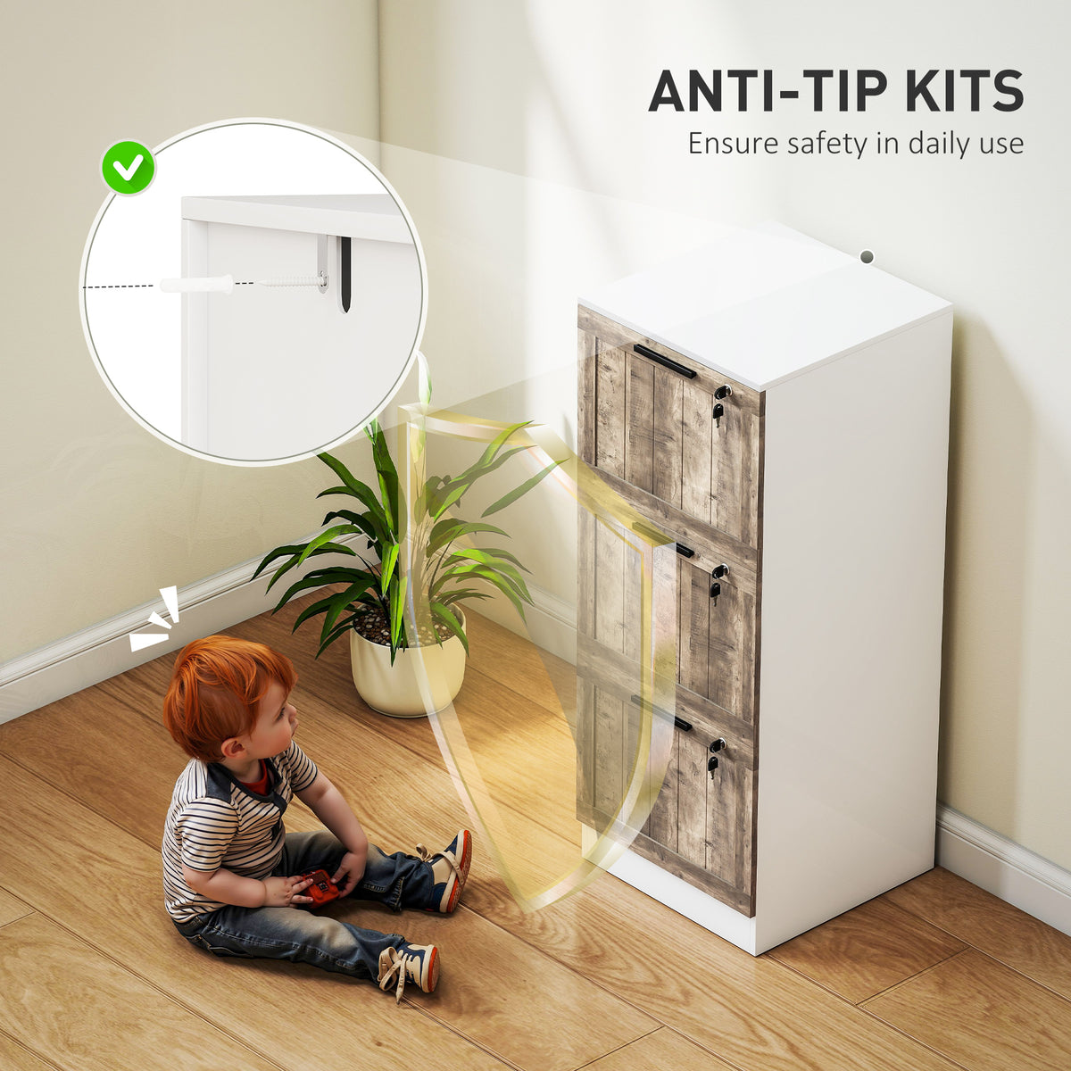 3 Drawer Filing Cabinet, Farmhouse File Cabinet with Lock, Adjustable Hanging Rails for A4 Letter Size Files, White