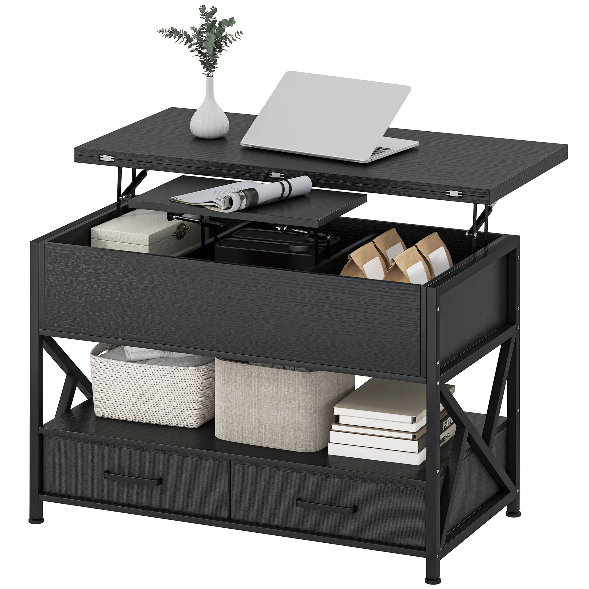 Modern Lift-Top Coffee Table with Storage, Distressed Black