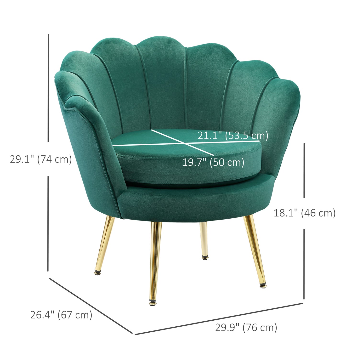Modern Velvet Accent Chair with Lotus Backrest and Gold Legs, Dark Green