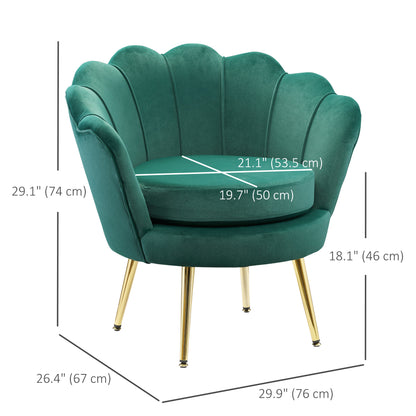 Modern Velvet Accent Chair with Lotus Backrest and Gold Legs, Dark Green