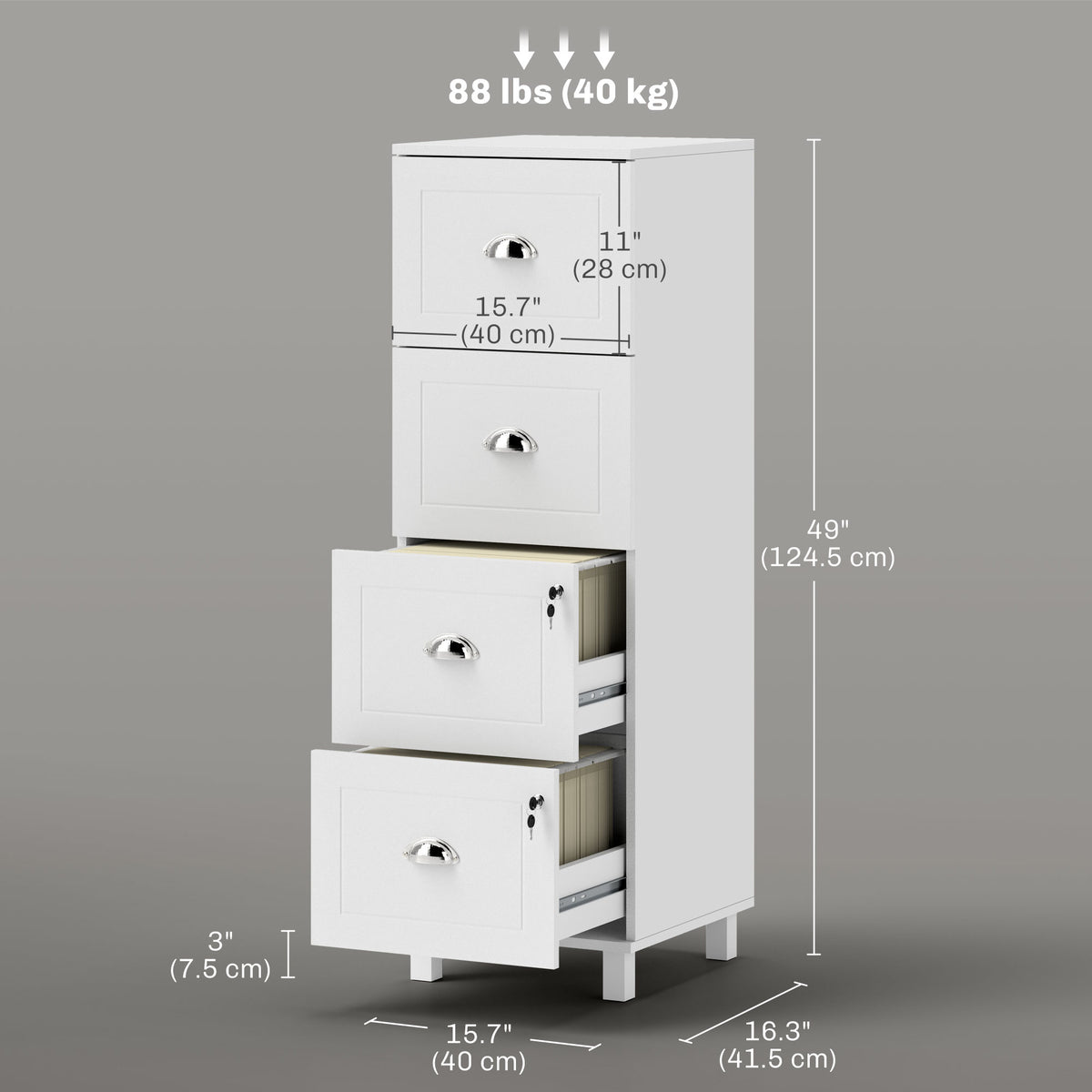 4 Drawer File Cabinet with Lock, Office Filing Cabinet, A4 Letter Size, Hanging File Folders, White