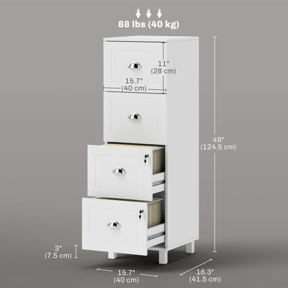 4 Drawer File Cabinet with Lock, Office Filing Cabinet, A4 Letter Size, Hanging File Folders, White