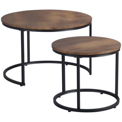 29" Round Nesting Coffee Tables with Metal Base, Rustic Brown (Set of 2)