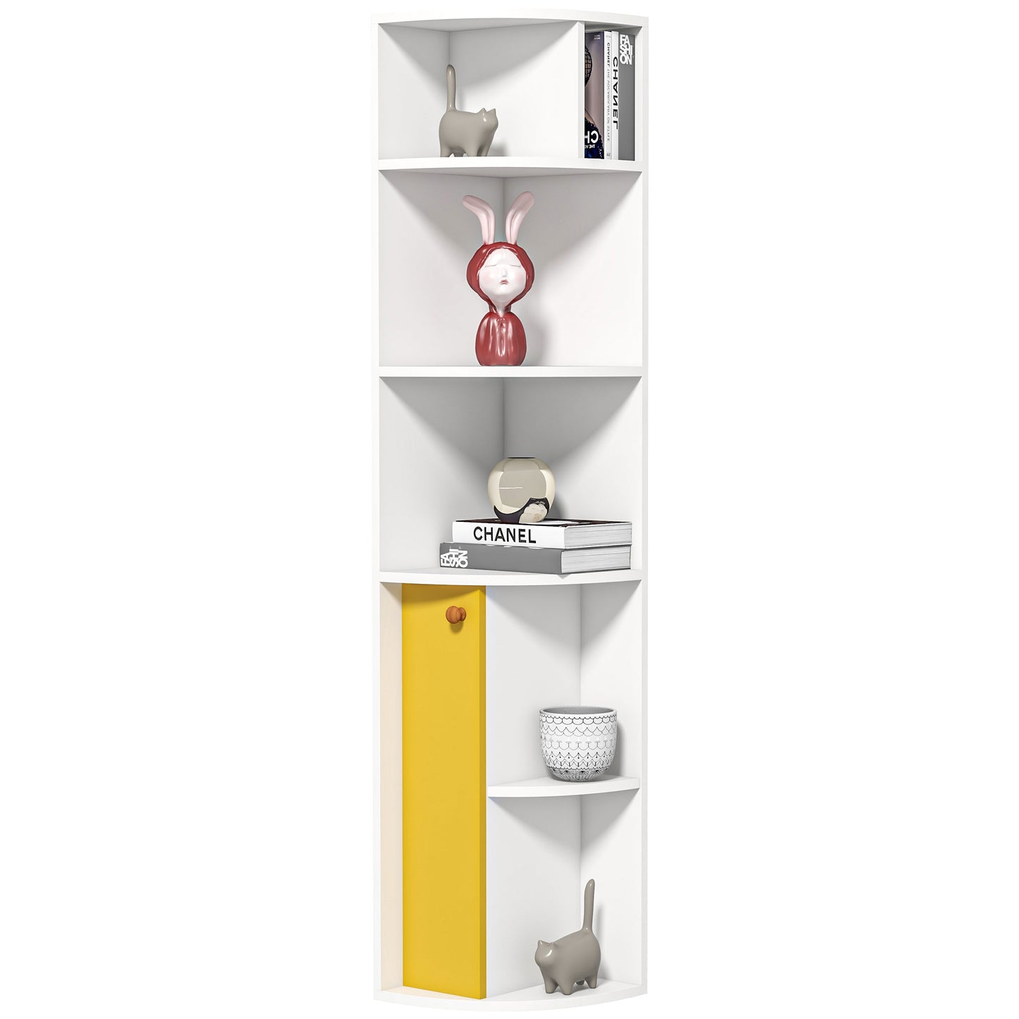 5-Tier Corner Bookcase with Cabinet, White