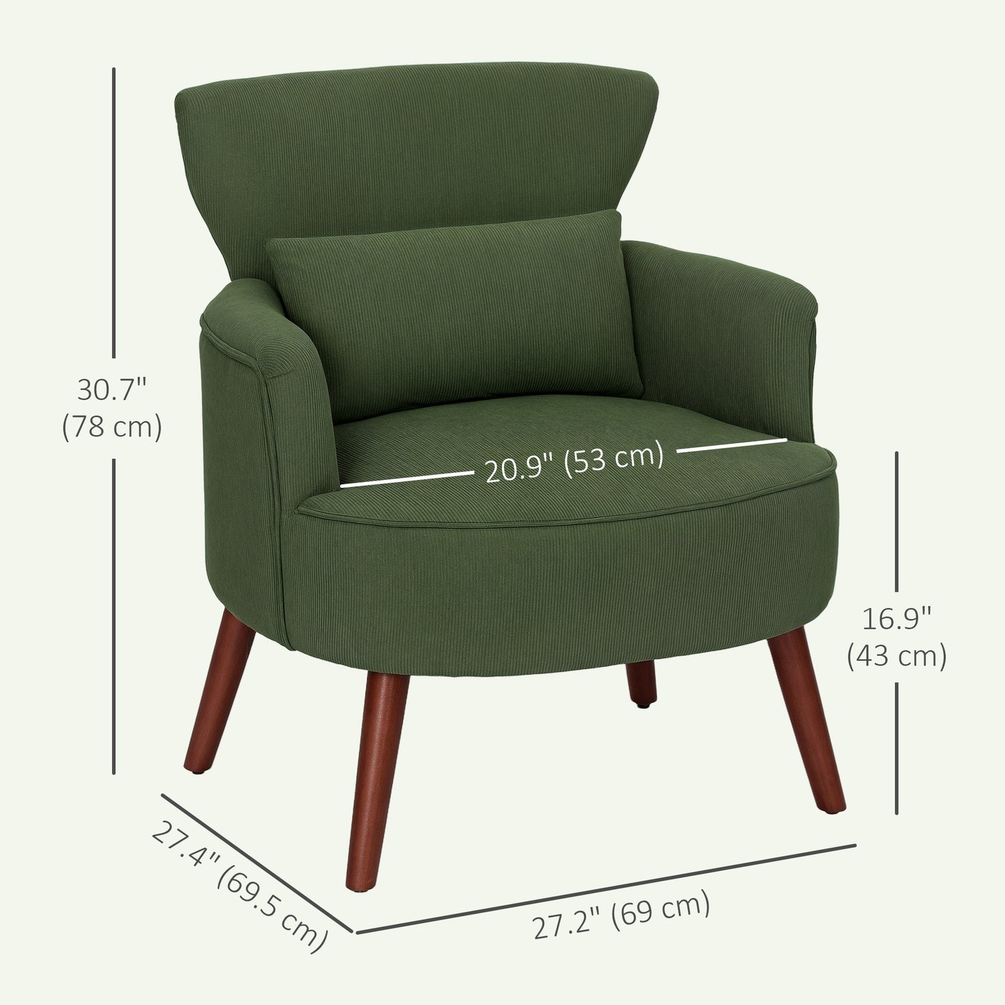 Upholstered Accent Chair with Wood Legs, Green